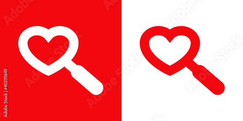 Buscar el amor. Logotipo con corazón con forma de lupa en fondo rojo y fondo blanco