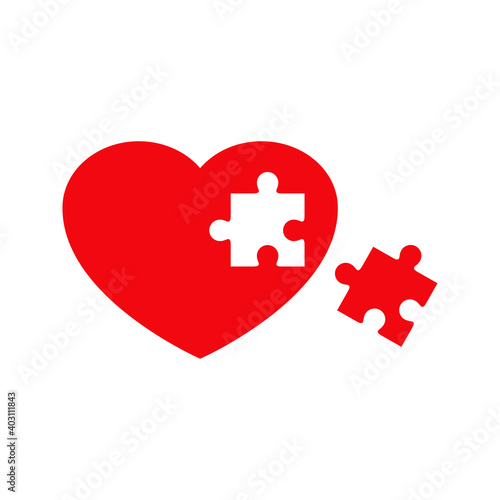 Día de San Valentín. Logotipo con corazón con pieza de puzle en color rojo