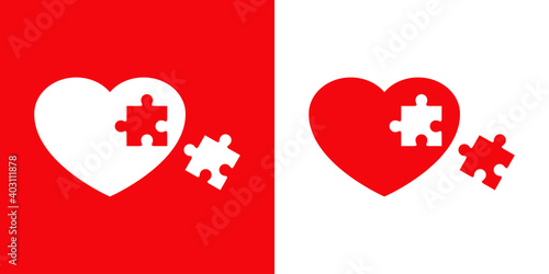 Día de San Valentín. Logotipo con corazón con pieza de puzle en fondo rojo y fondo blanco