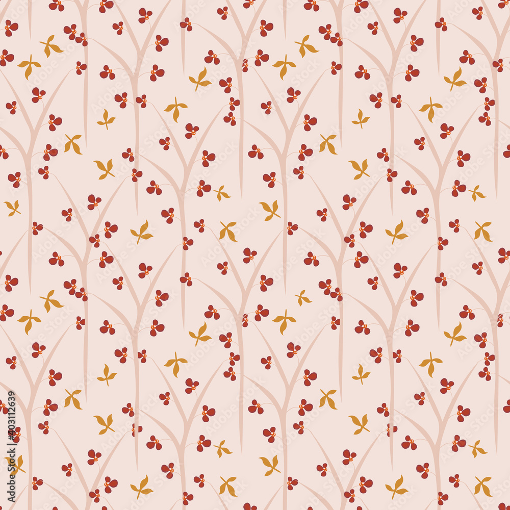 Simple floral seamless pattern. Vector print texture with small flowers, leaves, branches, trees. Elegant botanical composition. Background in beige, brown and yellow color. Repeat decorative design Simple floral seamless pattern. Vector print texture with small flowers, leaves, branches, trees. Elegant botanical composition. Background in beige, brown and yellow color. Repeat decorative design