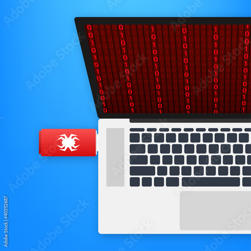 Computer virus on usb flash card. Virus protection. Vector stock illustration.