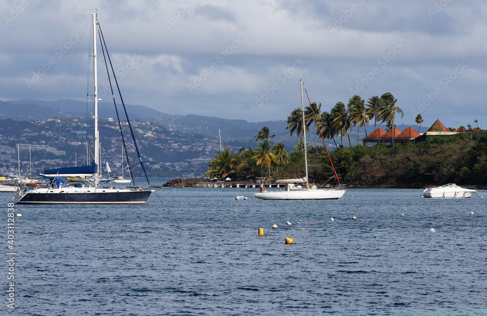 The catamaran and sailboats anchored in waters of caribbean beach.