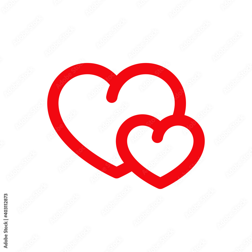 Día de San Valentín. Logotipo con 2 corazones con lineas en color rojo