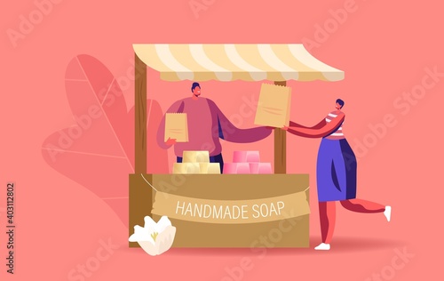 Seller Male Character Stand at Wooden Stall Presenting Handmade Soap on Craft Market. Organic Natural Production