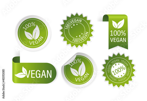 Green natural and vegan stickers and ribbons set in flat style. Vector illustration.