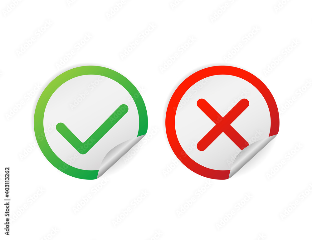 Flat yes no sticker. Check mark icon vector isolated. Accept button, decline button. Vector illustration. Flat yes no sticker. Check mark icon vector isolated. Accept button, decline button. Vector illustration.