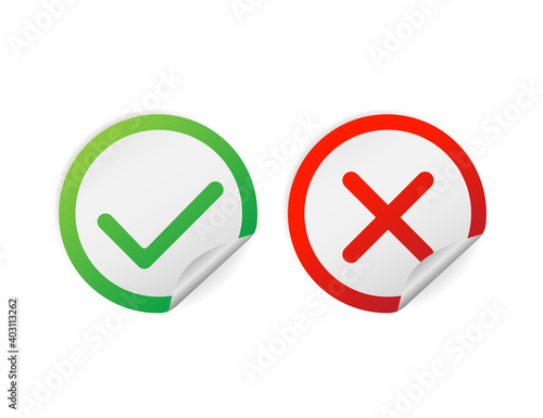 Flat yes no sticker. Check mark icon vector isolated. Accept button, decline button. Vector illustration.