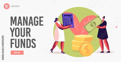 Pay Check, Salary Finance Landing Page Template. Women Collecting, Saving Money. Female Characters Carry Dollar Banknote