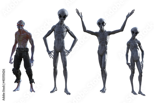 Illustration of a group of three gray aliens and another extraterrestrial specie standing in various poses isolated on a white background.