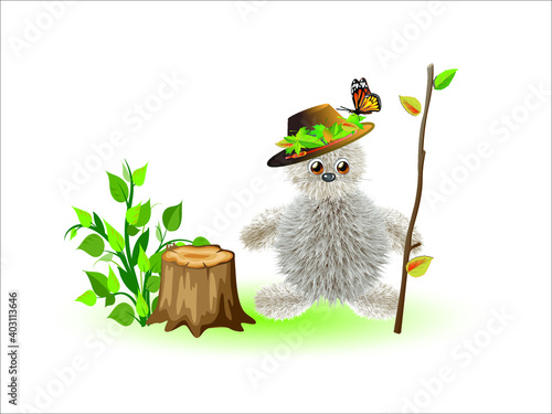 A small cartoon forest spirit in a hat with leaves and a staff next to a stump and a green bush - in pagan mythology, is the protector and guardian of the forest. Vector drawing.