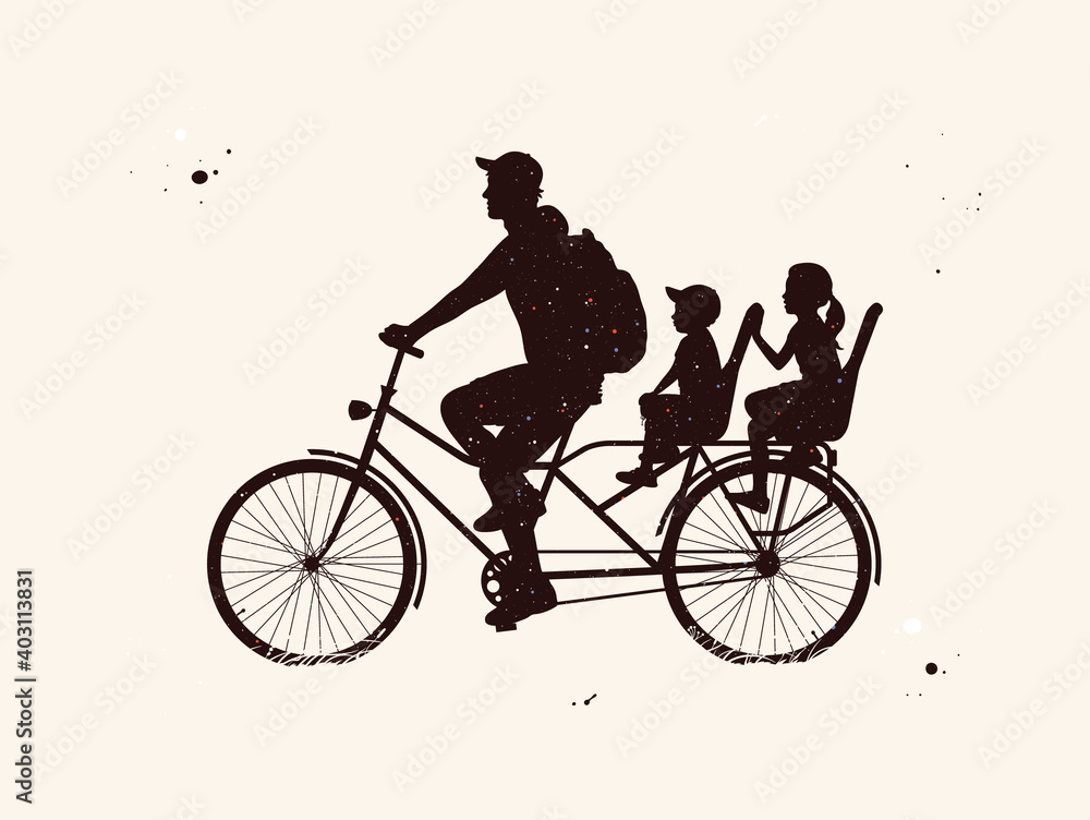 Obraz premium Father with children on bicycle. People on bike abstract silhouette