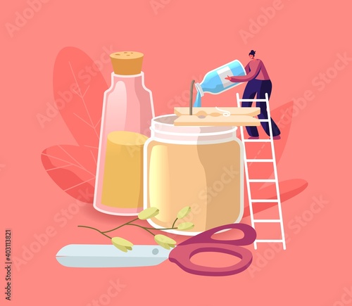 Tiny Female Character Stand on Ladder Add Scented Liquid in Huge Glass Jar with Candle for Aroma Therapy and Relaxation