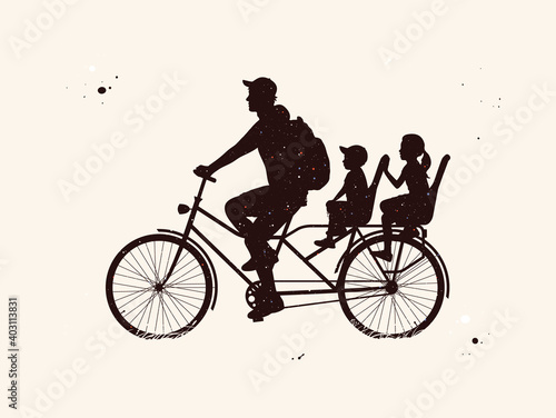 Fototapeta Naklejka Na Ścianę i Meble -  Father with children on bicycle. People on bike abstract silhouette