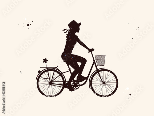 Fototapeta Naklejka Na Ścianę i Meble -  Girl on bicycle. Cyclist on bike abstract silhouette. Night starry sky