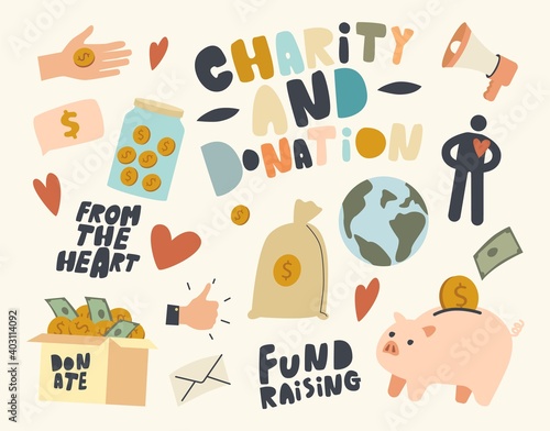 Set of Icons Fundraising, Volunteering, Charity Support and Volunteer Help Theme. Piggy Bank, Human Heart and Money Box