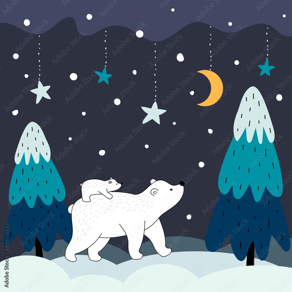 A polar bear cub rides on her mother's back. Polar bear with a little bear cub in the winter night forest. Christmas, New Years  and mothers Day postcard in cartoon style.