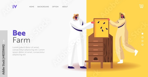 Characters Extracting Honey Landing Page Template. Beekeepers in Protective Outfit at Apiary Taking Honeycomb Frame