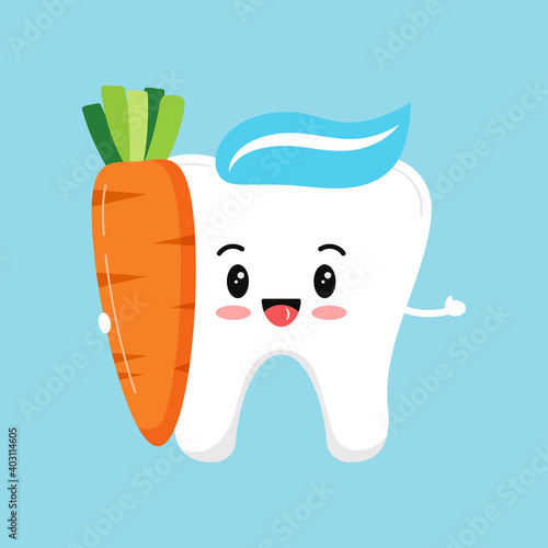 Cute tooth with carrot. Strong smile white tooth with food for dental health. Children hygiene and eating clipart. Flat design cartoon dentistry character vector illustration.