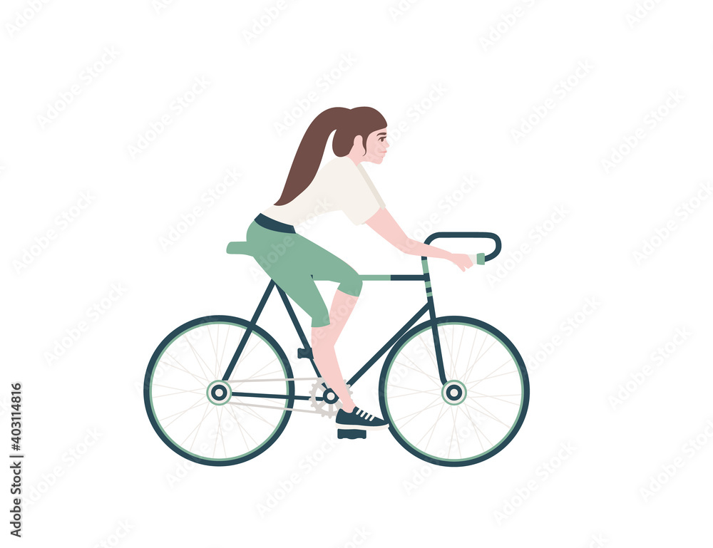 Side view of woman riding green bicycle cartoon character design flat vector illustration isolated on white background