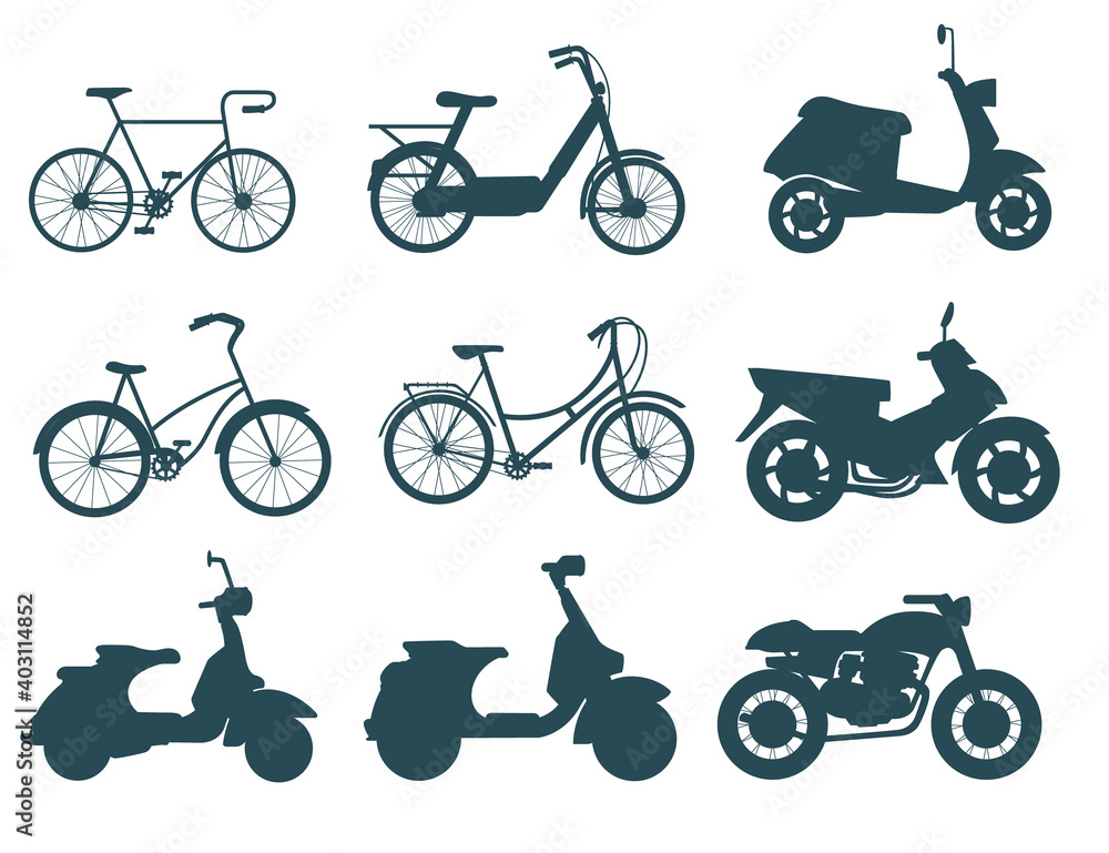 Silhouette set of scooter and bikes small city dual wheel transport for personal use or courier work flat vector illustration