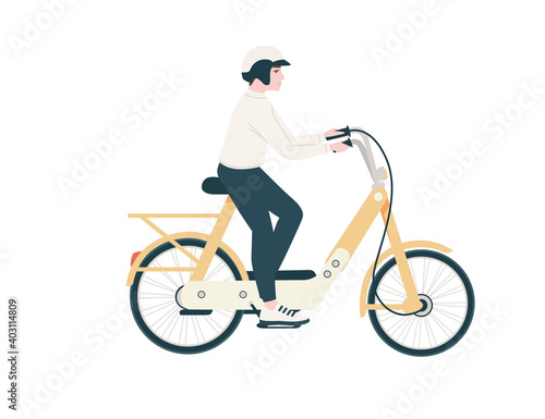 Side view of man riding yellow bicycle cartoon character design flat vector illustration isolated on white background
