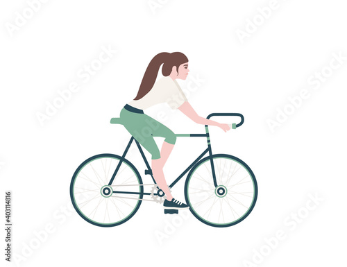Fototapeta Naklejka Na Ścianę i Meble -  Side view of woman riding green bicycle cartoon character design flat vector illustration isolated on white background