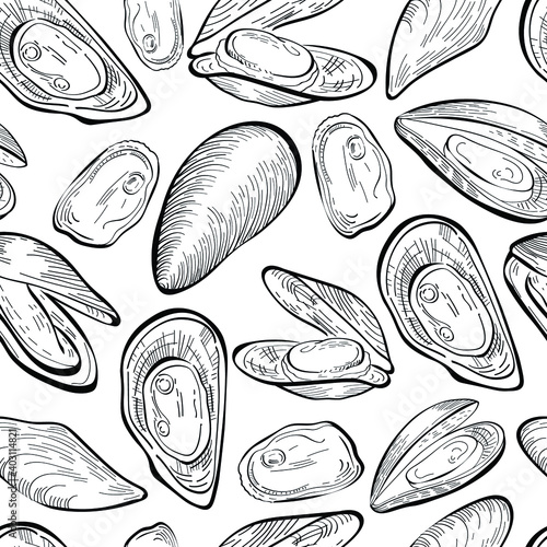 mussels food, hand drawn vector seamless pattern isolated on white background. Concept for logo, menu, cards print , wallpaper
