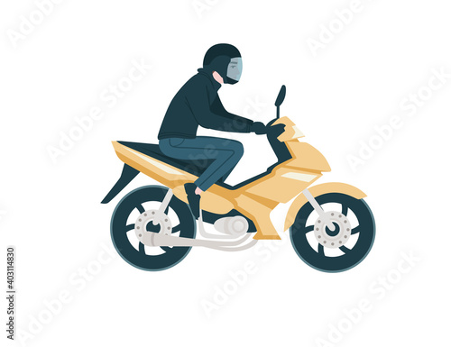 Side view of man riding yellow modern motorcycle cartoon character design flat vector illustration isolated on white background