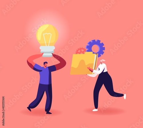 Characters Creative Idea, Portfolio, Cooperation, Partnership and Office Work Concept. Businesspeople with Light Bulb