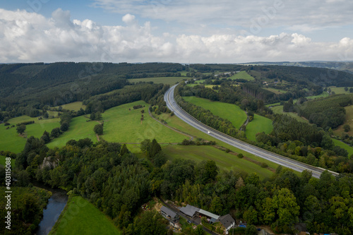 Aerial view of a viaduct in the Ardennes, part of the E42 (A27) highway © Catalin