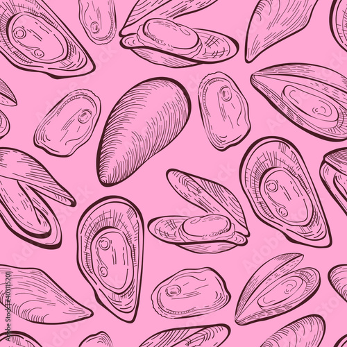 mussels food, hand drawn vector seamless pattern isolated on pink background. Concept for logo, menu, cards print , wallpaper