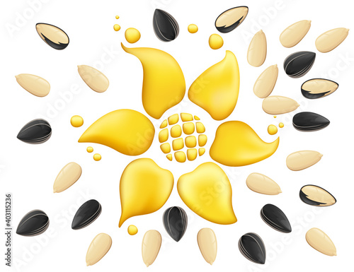Sun-shaped sunflower oil flowing around with sunflower seeds vector illustration on white background