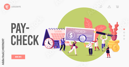 People Get and Signing Paycheck Landing Page Template. Characters with Huge Quill Pen, Magnifying Glass and Cheque
