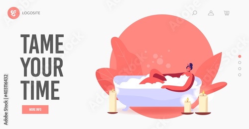 Girl Sit in Bath Tub Landing Page Template. Young Woman Relaxing in Bath with Foam and Burning Candles in Spa or Home