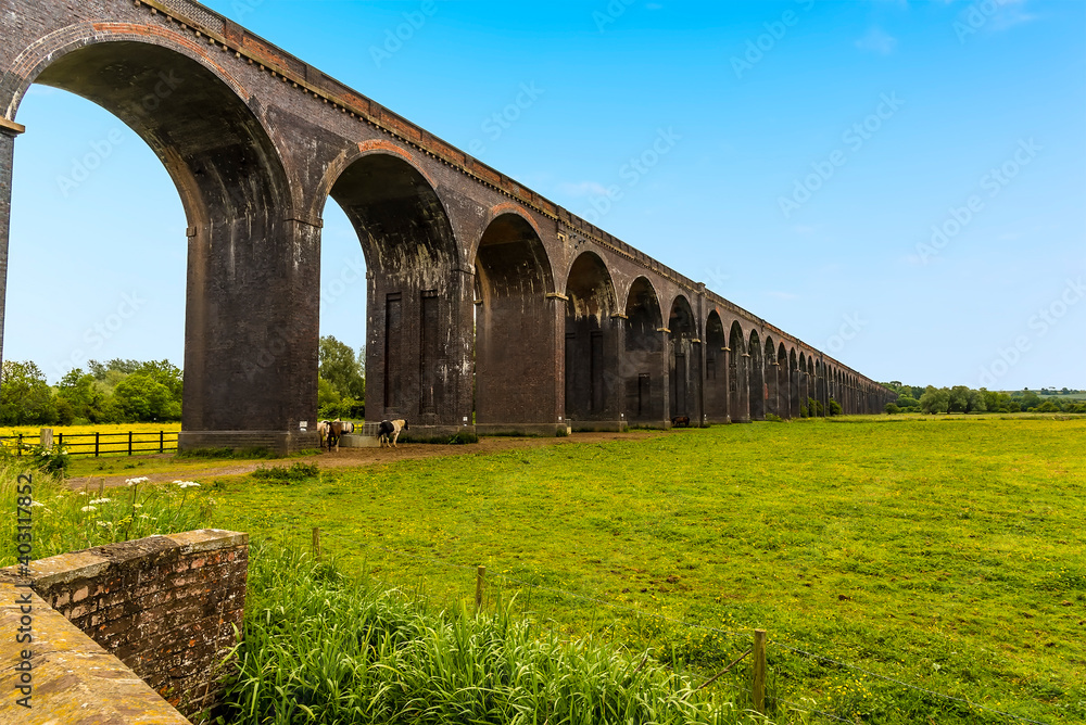 A view along the Harringworth railway viaduct, the longest masonry viaduct in the UK