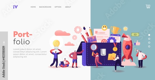 Business Characters Put Stationery and Documents to Portfolio Landing Page Template. Office Work and Cooperation