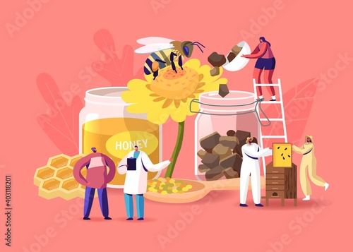 Characters Extracting Apiary Production Honey and Pollen Propolis. Beekeeper in Protective Outfit Taking Honeycomb