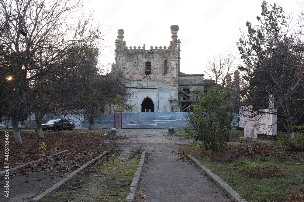 a fragment of the old textured wall of the estate in Ukraine in the Odessa region, architecture, reconstruction.