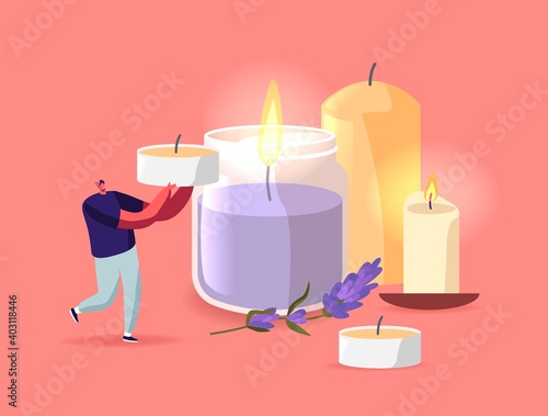 Tiny Male Character Carry Candle near Huge Ceramics and Glass Candlesticks with Burning Candle. Aroma Therapy Recreation