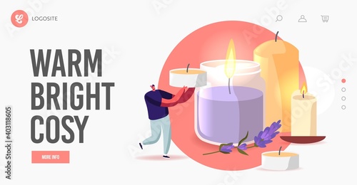 Home Decor, Scented Candle Landing Page Template. Tiny Male Character Carry Candle near Huge Ceramics and Glass