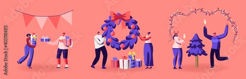 Happy Characters Celebrating New Year or Christmas Party Having Fun and Dancing, Giving Gifts near Decorated Fir Tree