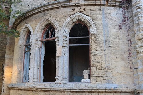 Historical monument of culture in Ukraine in the Odessa region Kurisov manor during restoration selective focus.