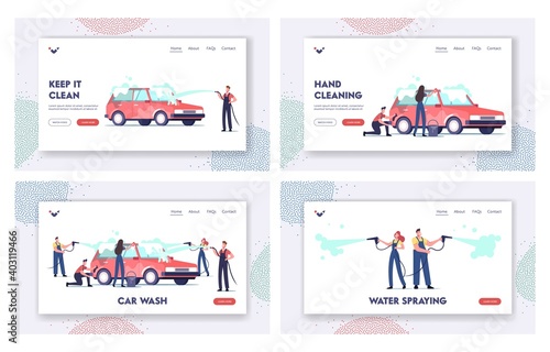 Car Wash Service Landing Page Template Set. Worker Characters Wearing Uniform Lathering Automobile with Sponge