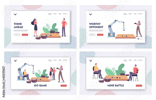 Strategy Game Landing Page Template Set. Characters and Robot Playing Gobang or Go Game Board with Course and Bowls