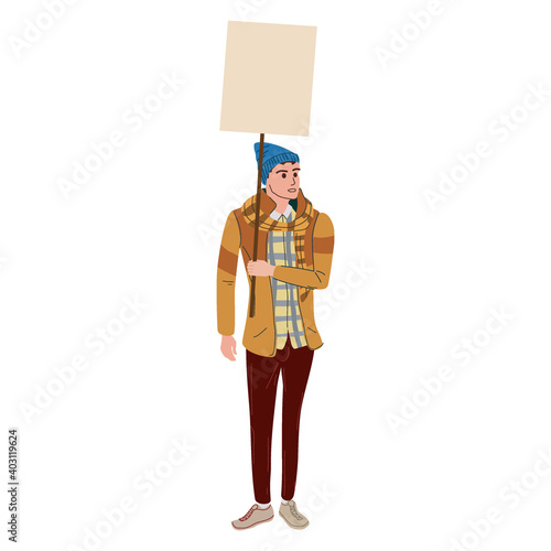 Protester man holding empty banner. Activist protesting, political meeting, strike human rights. Vector illustration