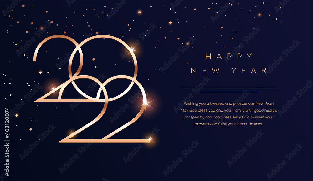 Luxury 2022 Happy New Year background. Golden design for Christmas and New Year 2022 greeting cards with New Year wishes of health and prosperity. Vector background in gold and dark blue black Luxury 2022 Happy New Year background. Golden design for Christmas and New Year 2022 greeting cards with New Year wishes of health and prosperity. Vector background in gold and dark blue black