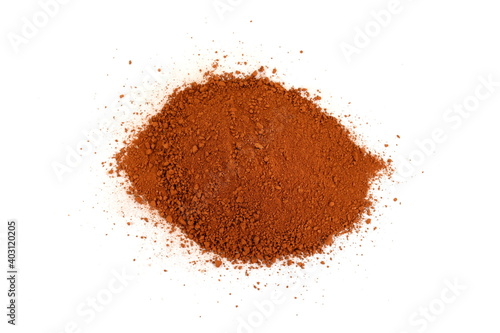Pile of Red dirt (soil) on white. Heap of Red dry clay isolated on white background. Ochre, also spelled ocher, a natural yellow earth pigment.