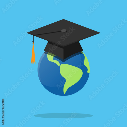 Graduation cap on globe Flat design vector. Distance education, online learning, certificate programs, international educational projects.