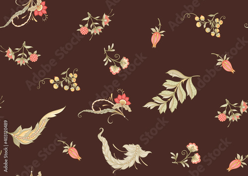 Seamless pattern with stylized ornamental flowers in retro, vintage style. Jacobin embroidery. Colored vector illustration on chocolade brown background.