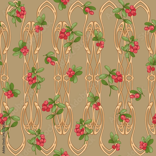 Cranberry in a decorative imitation of a wicker basket made of twigs. Seamless pattern, background. Graphic drawing, engraving style. Vector illustration on kraft background..